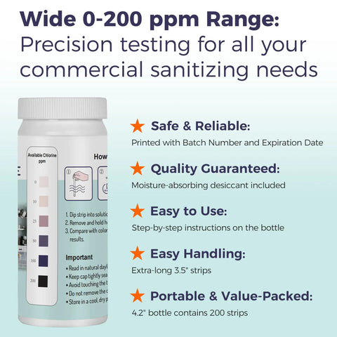200 Chlorine Test Strips For Food Service Kitchens And Bars 0 To 200 PPM Sanitizer Test Kit For Restaurants Hotels And Food Trucks Easy To Use Fast Accurate Bleach Test Strips Value Pack bottle with color chart
