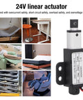 Compact 24V DC Linear Actuator With 150N Thrust, 0.39 Inch Stroke, shown in various home automation applications.
