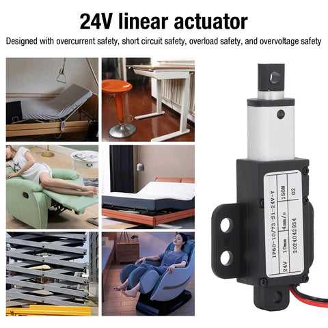 Mini 24V Linear Actuator With 10mm Stroke And 150N Thrust for sofas and TV cabinets with overload protection, shown in various applications.