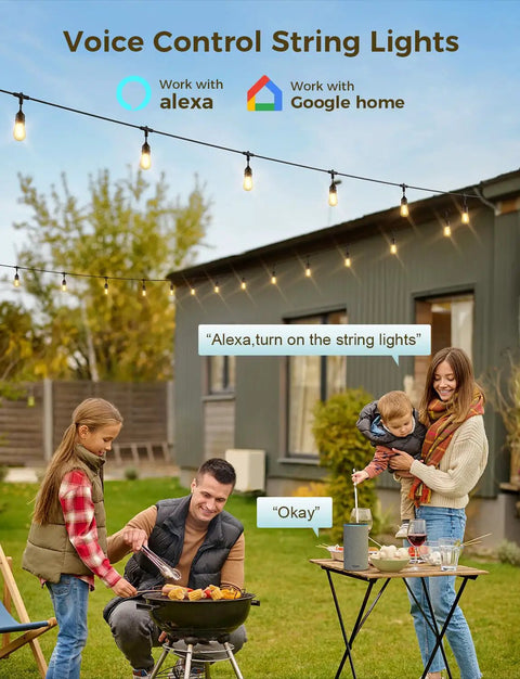Smart Outdoor String Lights 49Ft For Patio With App WiFi Control Alexa Ready Waterproof Dimmable Edison Style Bulbs over backyard party