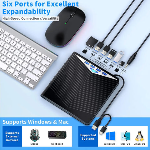 7 In 1 External Blu Ray Drive Read Write Burner With USB 3 0 And Type C Connectivity Compatible With Windows 7 11 Mac OS And PC Supports BD DVD CD M Disc Black, with six ports
