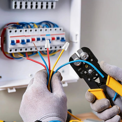 Electrician using 36 Pack Ceramic Wire Connectors For High Temperature Wiring 18 8 AWG Porcelain Twist Caps in a junction box