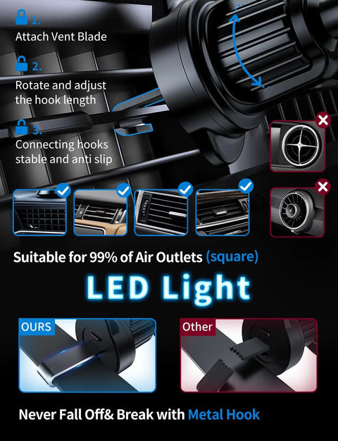 Installation guide for 3 In 1 Wireless Car Mount Charger With RGB LED Handsfree Magnetic Phone Holder on square air vents