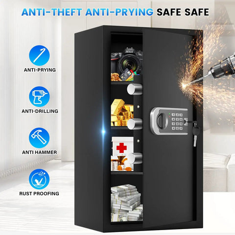 Huge 6.0 Cuft Home Safe Box With Fireproof Waterproof Bag Digital Security Safe With Programmable Keypad Smart Alerts And Mute Mode Anti Theft For Documents And Valuables showing open door, camera, cash, medical supplies, and drill resistance feature in a living room setting.