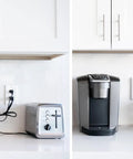 Before and after of kitchen counter with Ultra Thin Outlet Concealer Kit With Cord Management hiding bulky cords behind appliances.