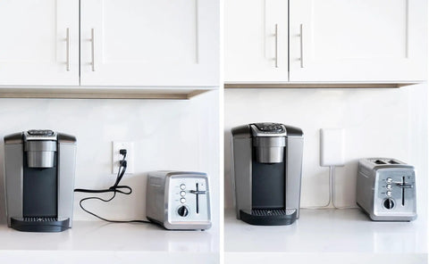 Before and after of kitchen counter with Ultra Thin Outlet Concealer Kit With Cord Management hiding bulky cords behind appliances.