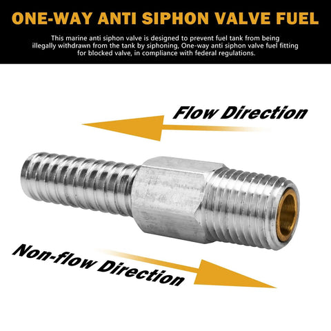 Marine Anti Siphon Valve Replacement For Boat Fuel Tank Pickup Tube With 1/4 Inch NPT And 3/8 Inch Hose Aluminum 2 Pack showing flow direction