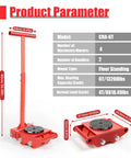 4 Piece Red Carbon Steel Machinery Mover Dolly Set 6 Ton 13200 Lb Capacity dimensions and specifications shown