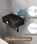 Toilet Paper Holder With Shelf And Wipes Dispenser In Black Stainless Steel Adhesive Wall Mount With Hidden Storage Drawer showing mounting options.