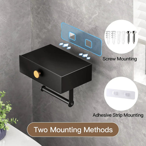 Toilet Paper Holder With Shelf And Wipes Dispenser In Black Stainless Steel Adhesive Wall Mount With Hidden Storage Drawer showing mounting options.