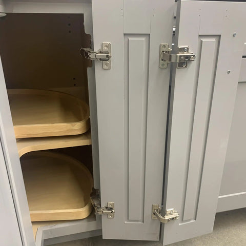 90 Degree Lazy Susan Pie Cut Cabinet Hinge 2 Pack For Corner Bifold Doors installed in kitchen cabinet