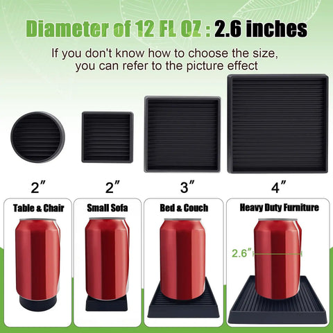 Sizes of Heavy Duty Non Slip Furniture Pads 2 By 2 Black Rubber Cups Set Of 4 No Adhesive Floor Protectors shown with red cans