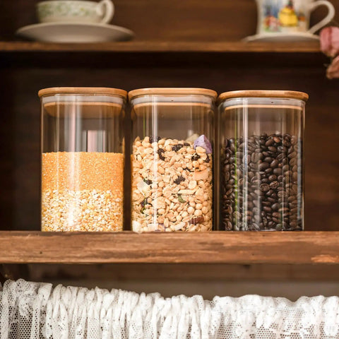 Airtight Glass Storage Jars Set Of 6 37 Oz Each With Bamboo Lids For Tea Coffee Flour Sugar Snacks Spices Candy And Cookies