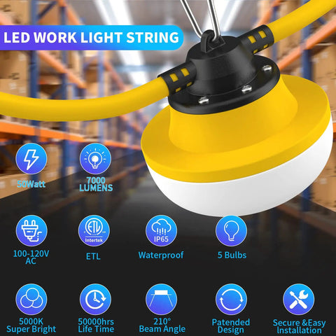 Heavy Duty Construction String Lights 100ft LED Work Light String With 10 Bulbs 100W Equivalent 14000 Lumens 5000K in warehouse