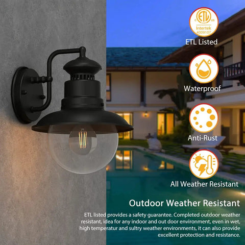 Vintage Outdoor Wall Light 2-Pack, Retro Matte Black Porch Sconce With Clear Cover, ETL Listed, Waterproof And All Weather Resistant