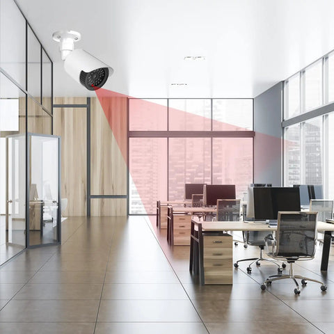 Two Pack Fake Security Camera Dome With LED Light Realistic Dummy CCTV Look installed indoors in office setting