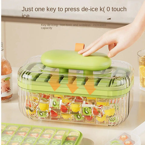 Go To Press Type Cold Block Mold Nonstick Ice Trays With Secure Lids Easy Release Freeze Tray for perfect cocktail cubes, featuring vibrant fruit cubes.
