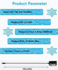 Specifications of 12V 2A DC Power Supply Universal AC Adapter 100-240V Input 50 60 Hz 24W Max With 5.5mm x 2.5mm Barrel Plug