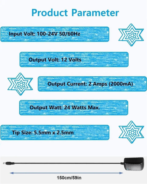 Specifications of 12V 2A DC Power Supply Universal AC Adapter 100-240V Input 50 60 Hz 24W Max With 5.5mm x 2.5mm Barrel Plug