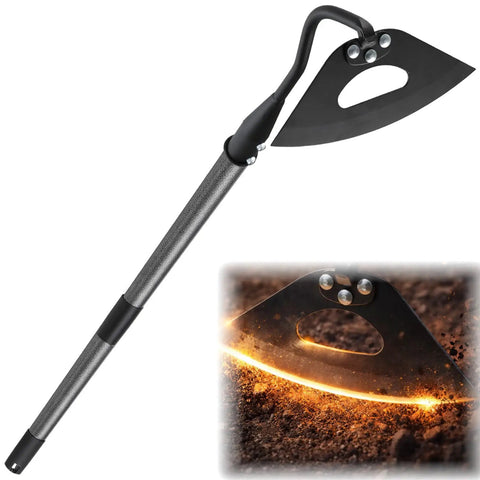 Heavy Duty Garden Weeding Tool With Hollow Blade And 58 Inch Adjustable Handle, showing self-sharpening blade cutting weeds
