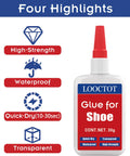 Bottle of 30G Shoe Glue Instant Bond Works Like A Charm For Shoes And Soles with high-strength, waterproof, quick-dry features.