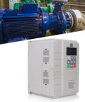 7.5KW VFD Variable Frequency Drive Inverter for 220V to 380V Motors shown with blue motor and control panel
