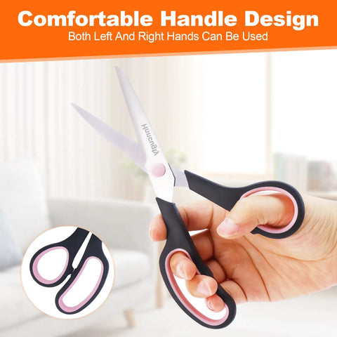 Person holding 8 Inch All Purpose Scissors Bulk 6 Pack For Office School Home Craft Sewing Fabric Left And Right Handed Comfortable Grip Sharp Stainless Steel Blades