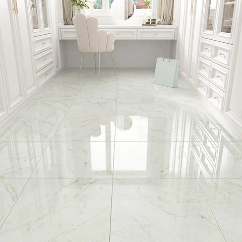 Beige Marble Peel And Stick Vinyl Flooring 12x12 Self Adhesive Tiles Waterproof in a bright, modern room setting