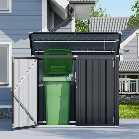 Heavy Duty Outdoor Trash Can Storage Shed With Bike Shed Design, Rugged Galvanized Steel Construction, Weatherproof Chain Lid, 3x5 Foot Metal Organizer For Patio Garden Backyard Dark Grey housing green trash can