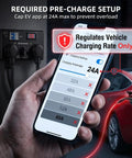 Nema 10-30 EV Charging Switch, Manual Splitter For Dryer Outlets, 240V 24A Max Draw, phone app showing 24A charging setting.