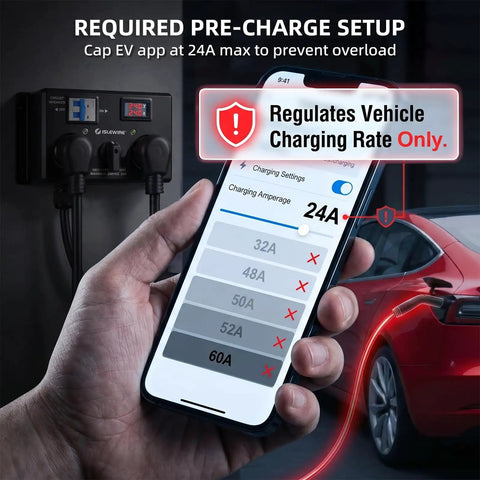 Nema 10-30 EV Charging Switch, Manual Splitter For Dryer Outlets, 240V 24A Max Draw, phone app showing 24A charging setting.