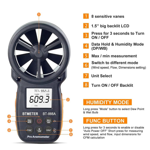 Pro Handheld HVAC Anemometer And CFM Flow Meter With Wet Bulb Temp Wind Speed Temperature Humidity Dew Point And Max Min Readouts For Smooth Boss Level HVAC Balancing And Quick Computer Sync, black handheld with 8 vane fan and LCD