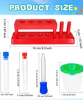 30 Piece Science Test Tubes Set With Clear Plastic Tubes Caps Paint Cups Storage Stand And Droppers For Kids shown with dimensions.