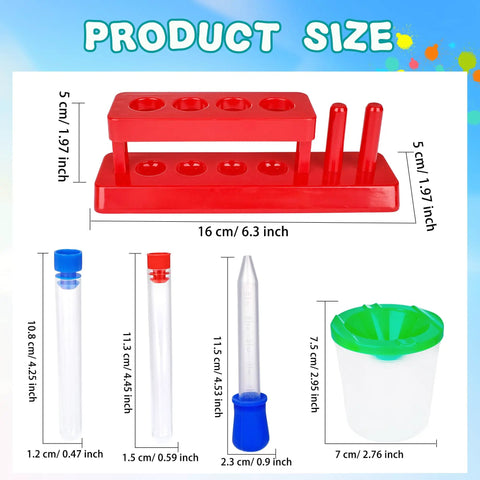 30 Piece Science Test Tubes Set With Clear Plastic Tubes Caps Paint Cups Storage Stand And Droppers For Kids shown with dimensions.