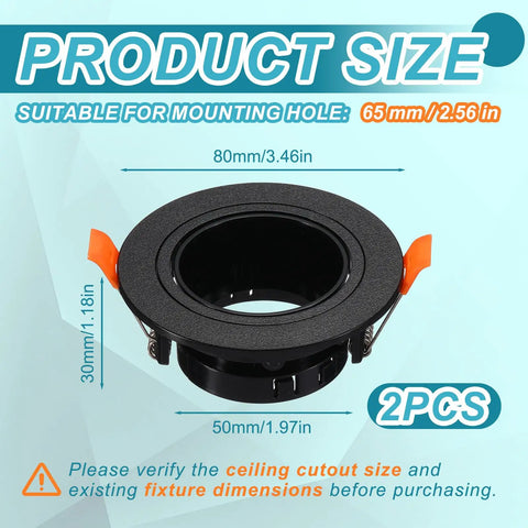 VIAPUICE MR16 GU10 Recessed Light Trim 2.6" Aperture with Spring Clip 2 Pcs showing product size dimensions, solid black finish.