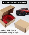 Custom Front Tow Hook Cover For RAM 1500 2019-2026 red hitch cover in gift box, cardboard packaging next to red truck