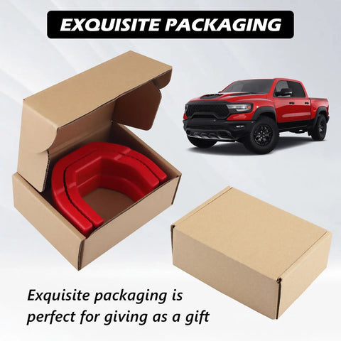 Custom Front Tow Hook Cover For RAM 1500 2019-2026 red hitch cover in gift box, cardboard packaging next to red truck
