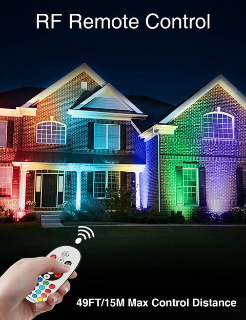 House lit by Eight Pack RGBW Low Voltage Landscape Well Lights 12W Waterproof In Ground Pathway Garden Yard Fence Deck Dimmable 12-24V With Connectors And Remote Control For Color Changing Ambience