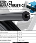 Close-up of silicone tubing wall thickness, cutter, and pressure specs from Six Piece 4.9 Ft Vacuum Hose Kit For Automotive Air And Water Lines With 64 Connectors And One Tube Cutter Universal Silicone Tubing ID One Eighth Inch To Three Eighths Inch For Engine Vacuum And AC System Applications
