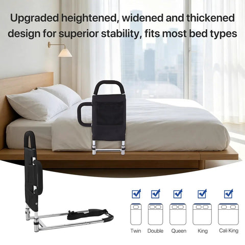 Upgraded Bed Assist Rail For Seniors And Post Surgery Recovery positioned on a bed, showing adjustable safety bed cane and non-slip grip.