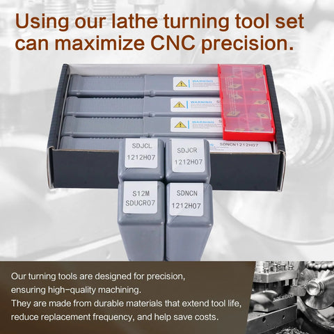 Front view of CHAWNIAO 14-piece lathe turning tool kit with 1/2 in shanks, including 4 holders and 10 carbide inserts