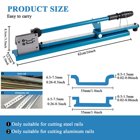 Product dimensions and specifications for Manual DIN Rail Cutter with Double Groove and 50 CM Scale for Easy Precise Cutting of 35 mm Wide 7.5 mm High Aluminum and Steel Rails Slotted Design with Grippy Anti Slip Handle for Quick Clean Cuts.