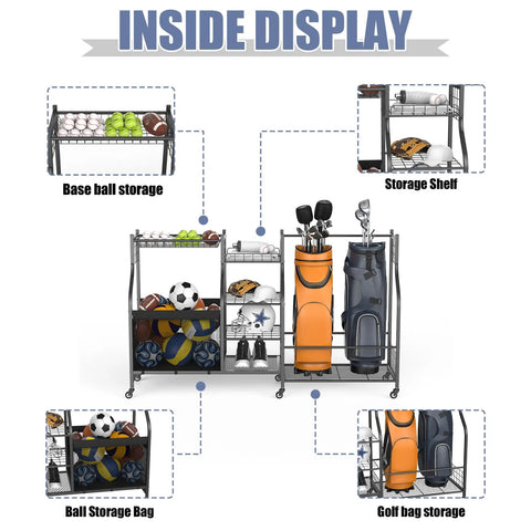 Diagram of Rollin Golf Bag Storage Rack With Wheels All In One Sports Gear Organizer showing compartments for sports equipment.