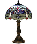 Blue Tiffany Style Dragonfly Stained Glass Table Lamp Dope Light For Bedroom Or Living Room 12 Inch Shade 18 Inch Tall With Antique Green Bronze Base UL Listed Bedside Desk Lamp S004 Series