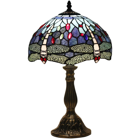 Blue Tiffany Style Dragonfly Stained Glass Table Lamp Dope Light For Bedroom Or Living Room 12 Inch Shade 18 Inch Tall With Antique Green Bronze Base UL Listed Bedside Desk Lamp S004 Series