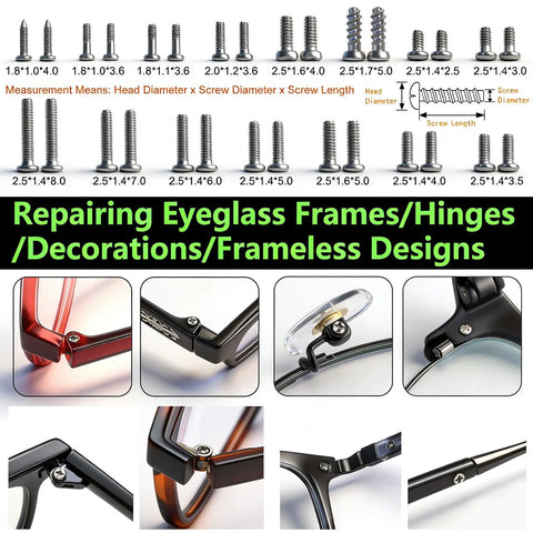 Compact Eyeglass Repair Kit With Precision Screwdriver And Tweezers For Glasses featuring various screws for frame repairs.