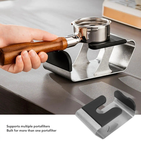 Heavy Duty Built Tough Stainless Steel Portafilter Stand And Espresso Tamper Station for Bottomless Basket in use with handle.