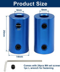 Pack Of Six 6Mm To 6Mm Bore Rigid Shaft Couplers In Blue Anodized Aluminum With A Tight Grip M4 Set Screw Setup And Easy Install Wrench for precise alignment.