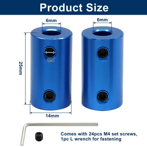 Pack Of Six 6Mm To 6Mm Bore Rigid Shaft Couplers In Blue Anodized Aluminum With A Tight Grip M4 Set Screw Setup And Easy Install Wrench for precise alignment.