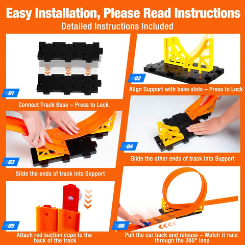 Installation steps for Flexible Roll Up Race Track For Kids Outdoor Toys Portable DIY Race Car Track Lets 1 64th Diecast Cars Race Anywhere Suction Cup Setup Great Gift For Boys And Girls Ages 3 And Up